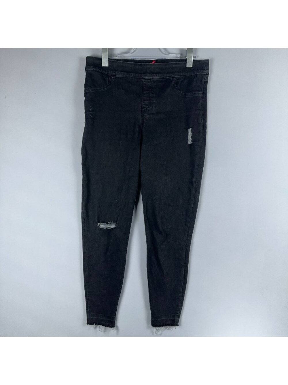 Spanx Jeans Size Large Black Distressed Ankle Skinny High Rise Raw Hem Pull On